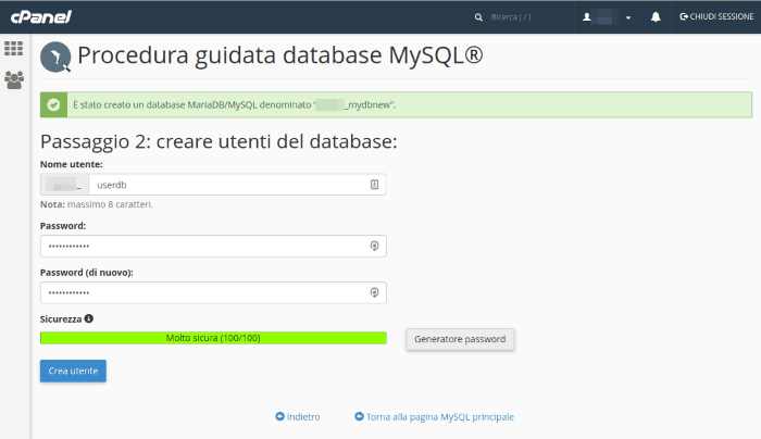 Crea l'utente per il database