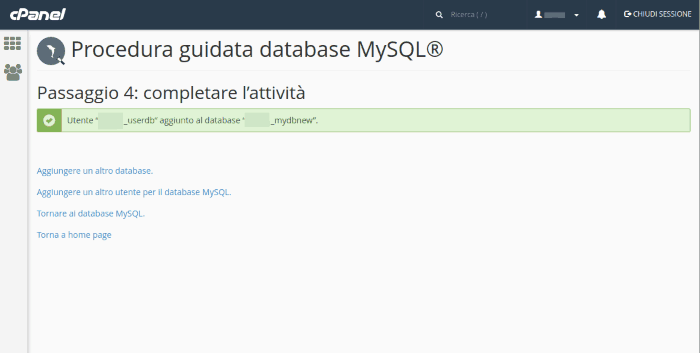 Creazione del database MySQL completata