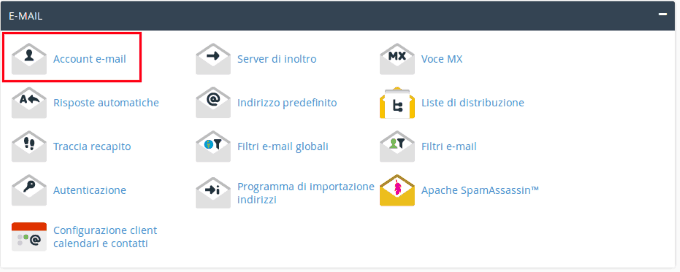 Seleziona Account Email nella sezione Email