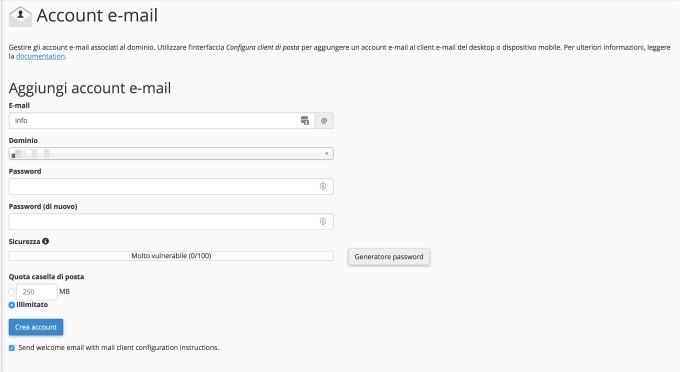 Compila i campi richiesti per creare l'account email